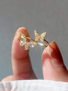 1pc Butterfly Design Micro Inlay Rhinestone Advanced Sense Ring With Adjustable Opening For Women - Gold - View 2