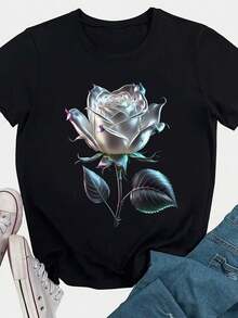 1 Piece Of Women's Black T-Shirt With Metallic Rose Print, Round Neck, Casual Cotton T-Shirt, Medium Stretch Fabric, Regular Fit For Ladies, Ideal For Spring/Summer/Autumn, Halloween, Christmas, Valentine's Day. 210g 100% Cotton, Designs Are Fully Printed. Unisex. - 黑色 - 查看 1
