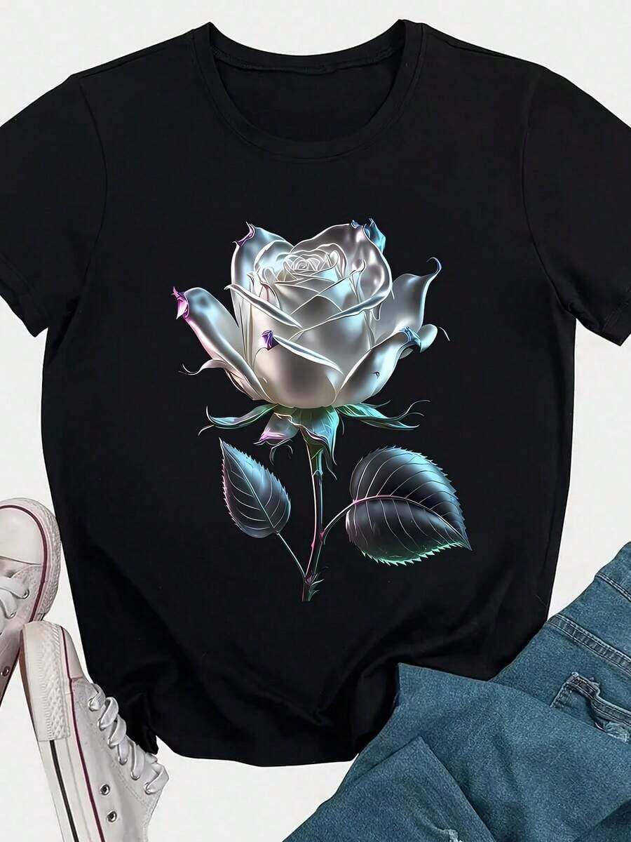 1 Piece Of Women's Black T-Shirt With Metallic Rose Print, Round Neck, Casual Cotton T-Shirt, Medium Stretch Fabric, Regular Fit For Ladies, Ideal For Spring/Summer/Autumn, Halloween, Christmas, Valentine's Day. 210g 100% Cotton, Designs Are Fully Printed. Unisex. - 黑色 - 查看 1