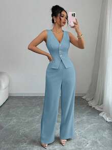 Conjunto de camiseta sin mangas y pantalones elegante para mujer, estilo de oficina y transporte, atuendo de otoño para maestros - Niebla azul - Ver 6