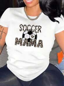Women's 100% Cotton T-Shirt, Casual, With Fun Football Print, Round Neck, Casual Sporty Style, Plaid Summer Vacation Top. - 白色 - 查看 1