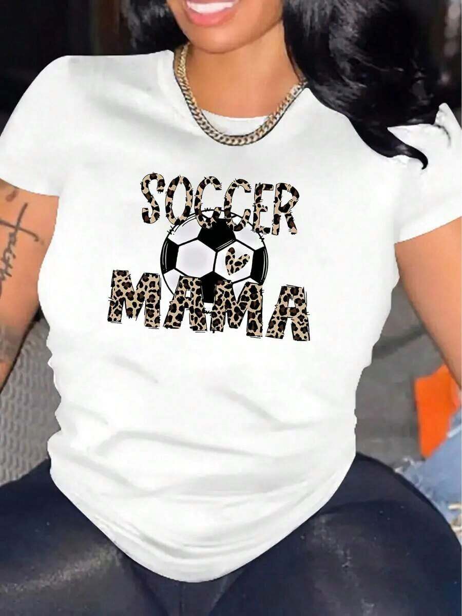 Women's 100% Cotton T-Shirt, Casual, With Fun Football Print, Round Neck, Casual Sporty Style, Plaid Summer Vacation Top. - 白色 - 查看 1