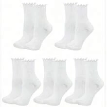 1/3/5 Pairs Women Cute Ruffle Trim Ankle Socks, Black & White Color, Polyester & Spandex Blend, Machine Washable - Multicolor - View 3