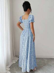 vestido de mujer con estampado digital, mangas abullonadas, nudo delantero, espalda descubierta y cintura ceñida.Elegante y chic para vacaciones, citas, estilizador y adelgazante - Azul - Ver 2