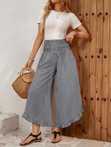 Women's Casual Ruffled High Waist Solid Color Pants, Summer Going Outs Summer For Women Women's Pants Casual For Women Summer Holidays Women's Wide Leg Pants Plain - Đen và trắng - Xem 3