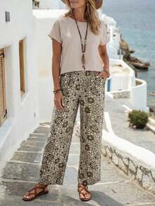Set de 2 piezas con top de manga corta y pantalón de pierna ancha con estampado geométrico para mujer - Multicolor 4 - Ver 3
