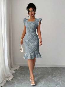 Vestido elegante de jacquard de cuello cuadrado y manga corta para uso diario, verano - Gris azul - Ver 1