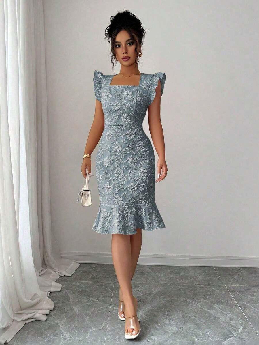 Vestido elegante de jacquard de cuello cuadrado y manga corta para uso diario, verano - Gris azul - Ver 1