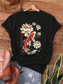 Camiseta de algodón de manga corta para mujer, camiseta de algodón de manga corta con estampado de peces koi y flores de loto, camiseta casual de manga corta con cuello redondo para verano y primavera, ropa de mujer. - Negro - Ver 6