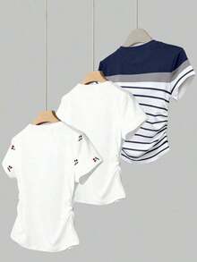 3 piezas Tops deportivos casuales de verano para mujer, nuevos diseños, a rayas y con estampado floral, adecuados para volver a la escuela, Día del Maestro - Multicolor 3 - Ver 2