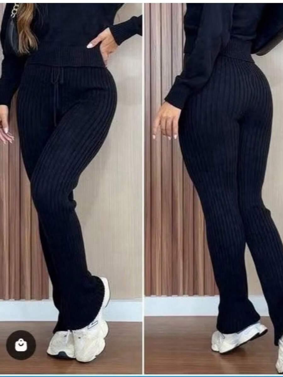 High-Waisted, Straight-Leg Knit Pants With Drawstring; Stylish, Versatile, Warm, And Casual. - Black - View 1