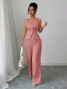 Conjunto de camiseta sin mangas y pantalones elegante para mujer, estilo de oficina y transporte, atuendo de otoño para maestros - Rosa - Ver 3