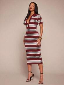 Vestido camisero de mujer de estilo casual, elegante y de negocios, con rayas negras y blancas.Vestido midi de punto elástico y ajustado.Vestido chic francés a rayas en blanco y negro.Vestido midi a rayas.Vestido midi ajustado a rayas.Vestido de verano de mujer con cuello a rayas. - Multicolor 5 - Ver 5