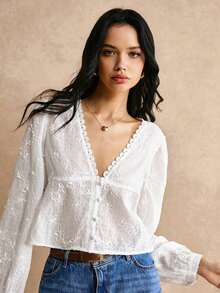 Blusa de manga larga con cuello en V y bordado floral, adecuada para salidas casuales, blusas de manga larga - Blanco - Ver 4