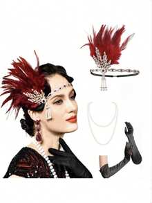 1920s Flapper Accessories Set, Includes Headband, Pearl Necklace, Gloves, Zinc Alloy Decorations For Wedding Party - Multicolor - View 7