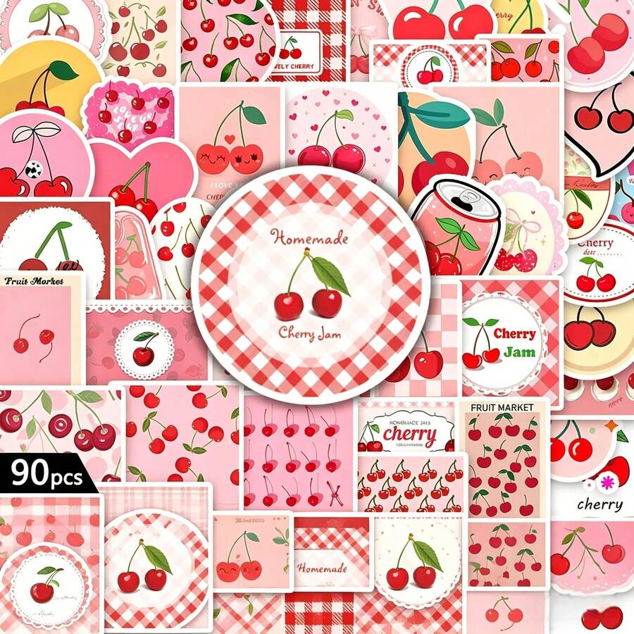 Conjunto de 90 adesivos de flor de cerejeira, adesivos coloridos de PVC com estampas fofas de cereja, ideais para laptops, cadernos, garrafas de água e presentes, perfeitos para amantes da gastronomia, entusiastas da estética e apreciadores de um ambiente aconchegante. - Multicolorido - Ver 1