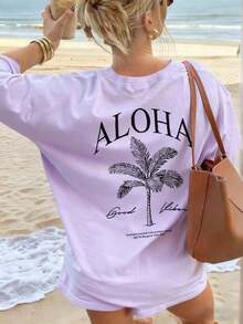 Women's Short-Sleeved T-Shirt With A Round Neck And Palm Print, A Casual And Modern Style, Your Everyday Essential. Printed T-Shirt, Women's Tops, Summer Vacation - 紫色 - 查看 7