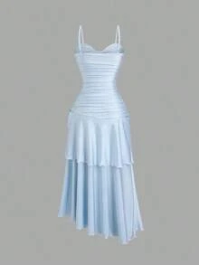 Women's Summer Knit Camisole Dress With Twist Front And Double Layer Ruffle Hem, Long - Màu xanh lam - Xem 2