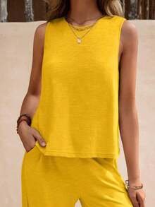 Conjunto informal de dos piezas de color liso para mujer - Amarillo - Ver 4