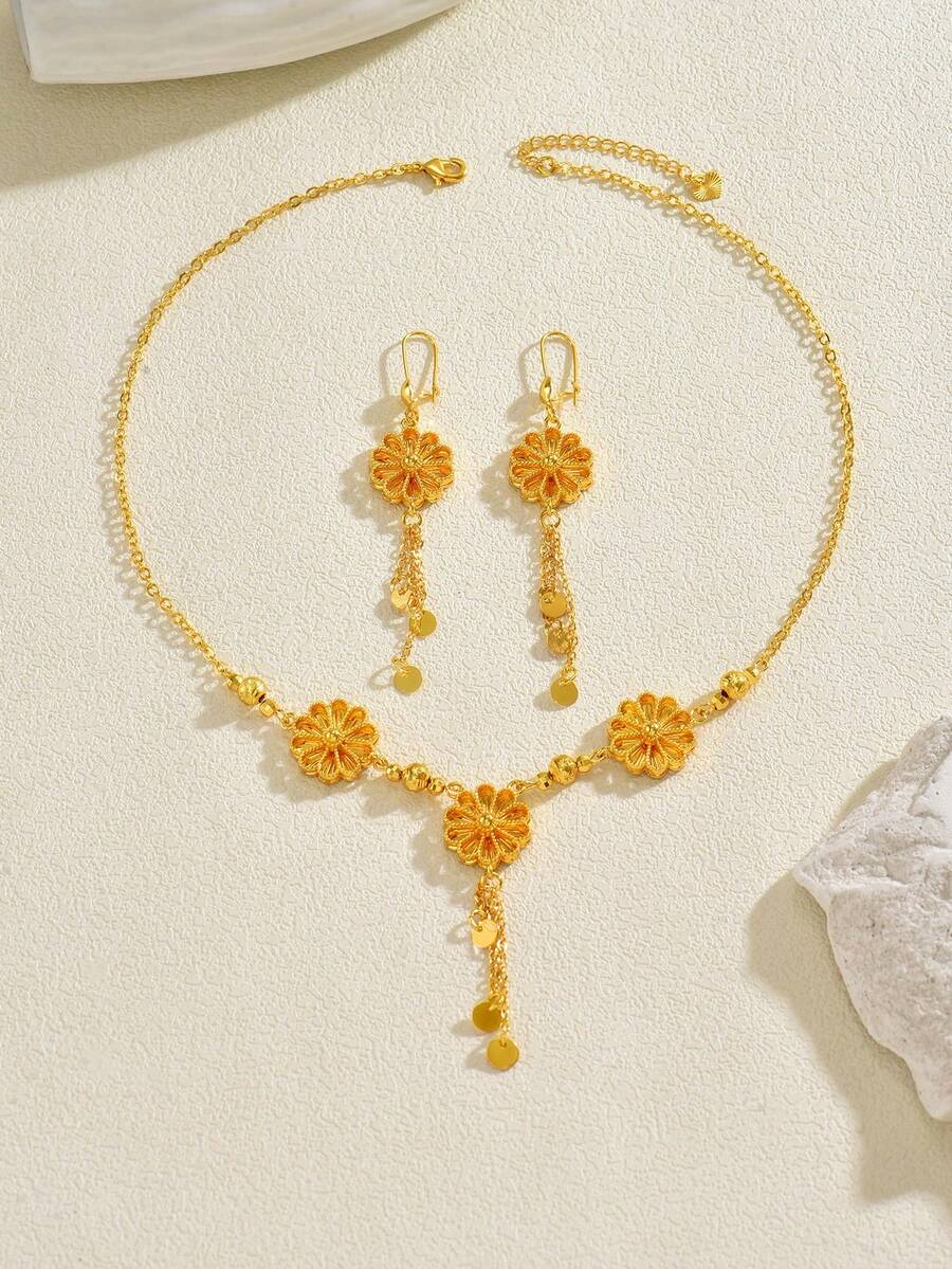 3件套复古奢华花卉Y字形项链耳环首饰套装，新娘婚礼派对佩戴，节日礼物 - 彩色 - 查看 1