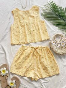 Top sin espalda con textura y lazo, holgado y casual para vacaciones, shorts casuales con elástico en la cintura y bolsillos, para playa y mar - Amarillo 2 - Ver 12