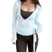 Tops cortos con lazo cruzado para mujer, camisas de Yoga de manga larga con cuello en V profundo, camisas ajustadas de Color sólido, blusas de entrenamiento de Yoga para mujer - lago azul - Ver 5