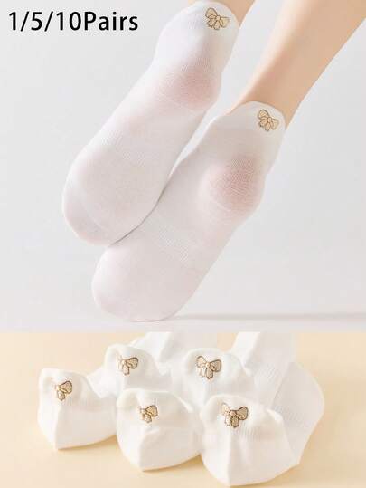 1 Pair/5 Pairs/10 Pairs Women's Solid Color Socks, Fashion Versatile White Embroidered Bow Socks, Comfortable Breathable Ankle Socks, Everyday Wear