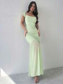 Vestido ajustado de malla verde con drapeado y volante en el bajo, elegante para mujer, apropiado para fiestas, vacaciones, festivales de música, bodas, almuerzos, Día de San Patricio, vestidos largos de estilo bohemio, vestidos de graduación, atuendos de playa, atuendos de aeropuerto - Verde - Ver 7