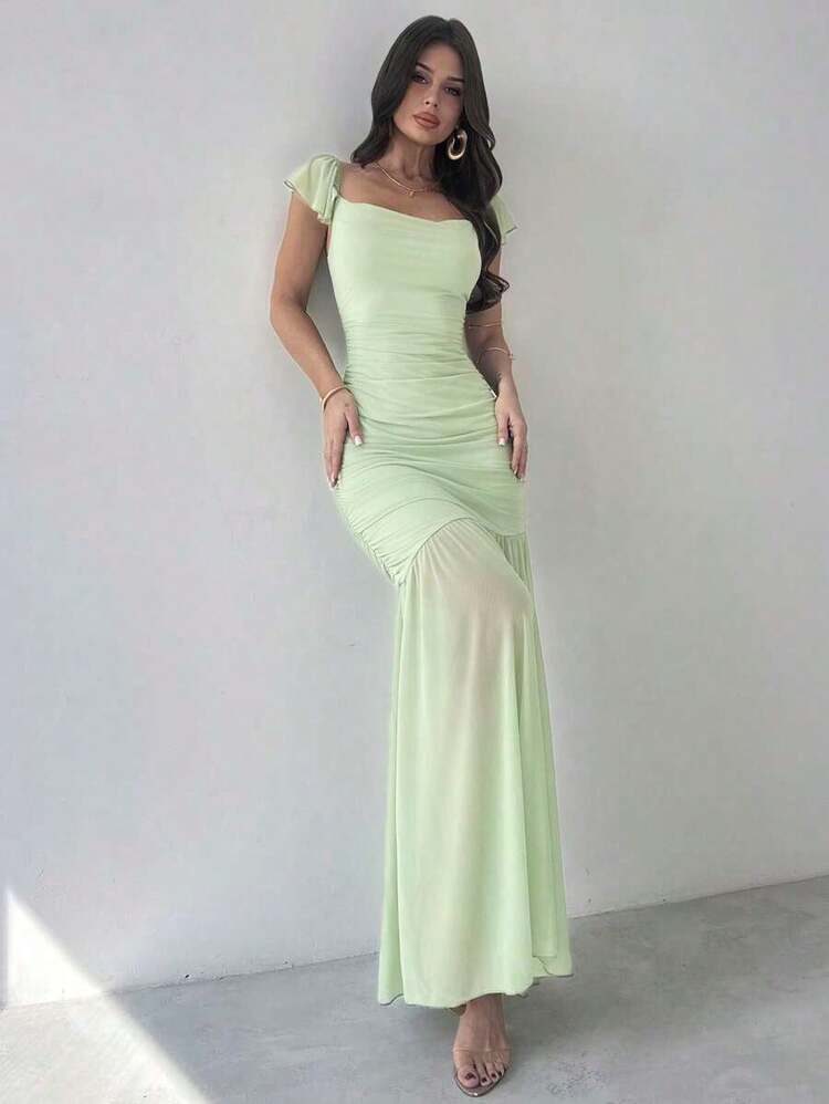 Vestido ajustado con volantes en el bajo, cintura anudada y malla verde elegante para mujeres, adecuado para fiestas, vacaciones, festivales de música, temporada de bodas, brunch, Día de San Patricio, vestidos largos bohemios para mujeres, Fairycore, atuendos de vacaciones, vestidos de graduación, atuendos de playa, atuendos de aeropuerto - Verde - Añade 7