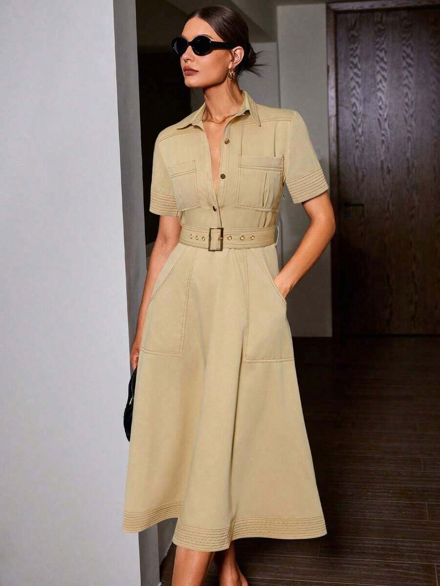 Vestido casual de mujer con inspiración vintage de manga corta, diseño de bloqueo de color con cuello, botones delanteros y bolsillos, cintura ajustada, tela ligera y transpirable sin estiramiento, fácil cuidado.Consulte la tabla de tallas al realizar la compra. - Caqui - Ver 1