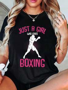 Boxeo - Amor: Camiseta con estampado, manga corta, cuello redondo, top casual para verano y primavera, ropa de mujer - Negro - Ver 7