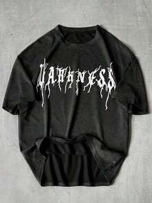 Men's INS Urban Style T-Shirt, Washed Fabric With Dark Letter Print, Ideal For Music Festivals, Nightclubs, Gift For Boyfriend/Husband, Anniversary Gift, Gothic T-Shirt, Distressed T-Shirt, Acid Wash T-Shirt, Graphic T-Shirt, Acid Wash Graphic T-Shirt - 黑色 6 - 查看 1