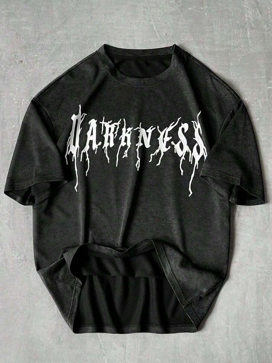 Men's INS Urban Style T-Shirt, Washed Fabric With Dark Letter Print, Ideal For Music Festivals, Nightclubs, Gift For Boyfriend/Husband, Anniversary Gift, Gothic T-Shirt, Distressed T-Shirt, Acid Wash T-Shirt, Graphic T-Shirt, Acid Wash Graphic T-Shirt - 黑色 6 - 查看 1