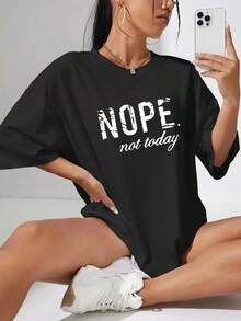 Ropa de Verano Fresca para Mujer, Camiseta Casual con Estampado de Letras y Hombros Caídos, Camisetas Gráficas, Tops de Moda para Mujer - Negro - Ver 8