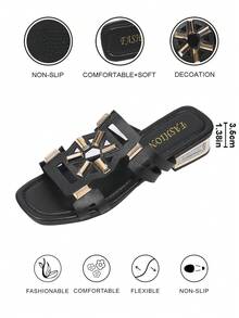 Women's Metallic Glamorous Style Rhinestone Criss-Cross Strap Slide Sandals, Suitable For Party, Holiday, Wedding, Outdoor Wear In Spring/Summer, Square Toe, Low Heel, Slip-On, Open Toe, Shiny - Black 3 - View 2