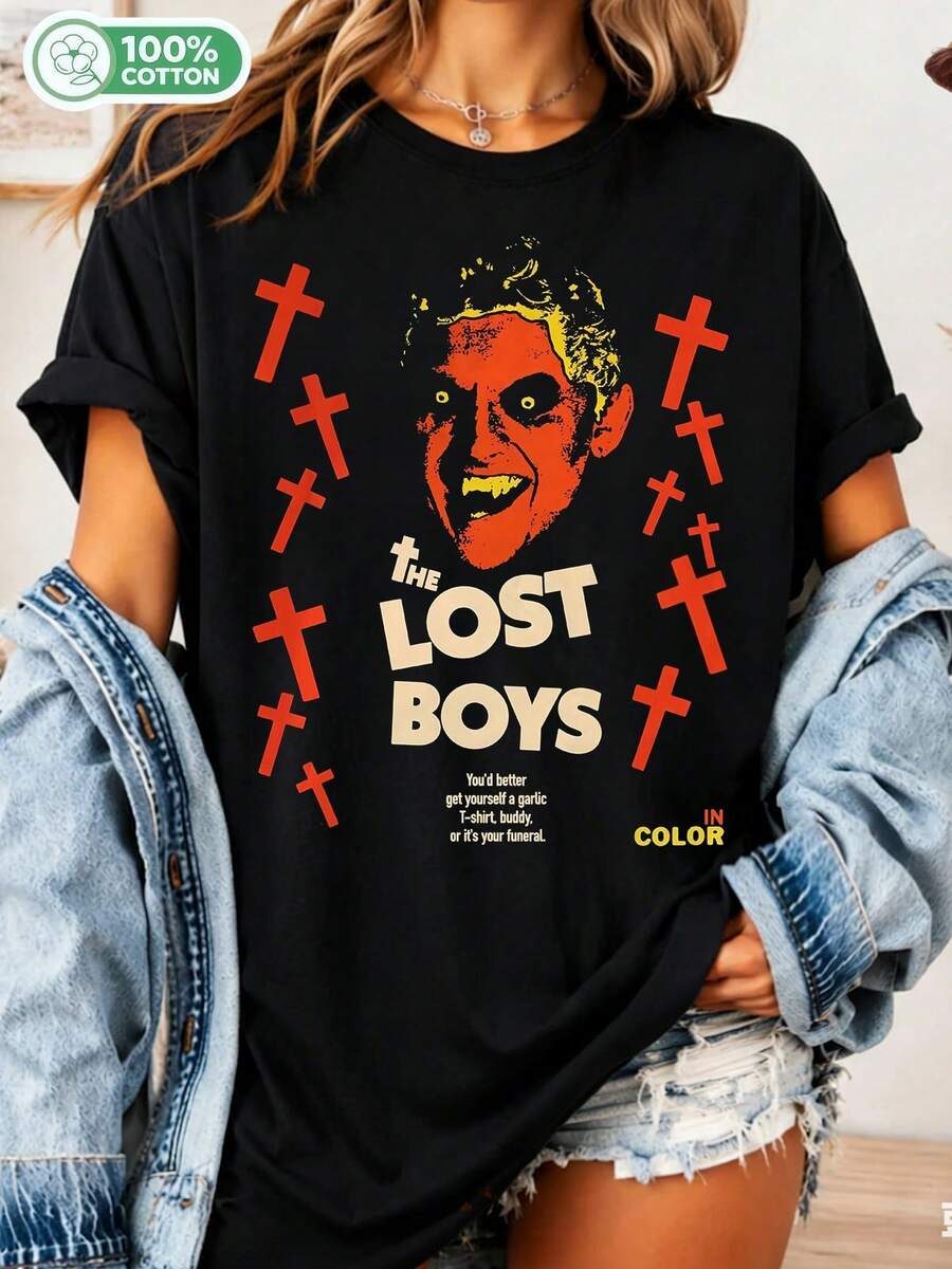 80-tals Vampyrskräckfilm Grafisk T-shirt, Retro Kultklassiker Unisex Bomulls-T-shirt, Gotisk Streetwear Casual Topp - Svart - Visa 1