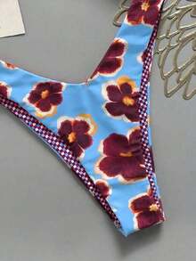 Conjunto de Bikini de Dos Piezas Reversible con Estampado Floral y a Cuadros para Mujer Lucky Girl, Vacaciones en la Playa, Verano - Azul - Ver 3
