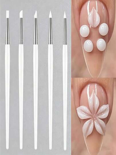 5-delige nagelkunstborstelset met siliconenpunten voor het maken van acrylbloemen op nagels, zoals het uitsnijden, reliëf aanbrengen, vormgeven, holle sculpturen maken, strass-steentjes aanbrengen en andere technieken.