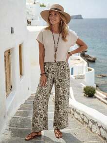 Set de 2 piezas con top de manga corta y pantalón de pierna ancha con estampado geométrico para mujer - Multicolor 4 - Ver 2