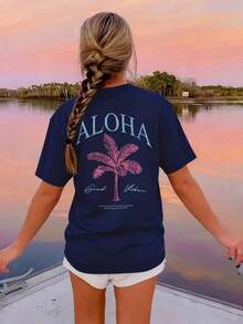 Camiseta de manga corta con cuello redondo y estampado de palmeras para mujer, estilo casual y moderno, tu prenda esencial diaria.Camiseta con Estampado, Tops para Mujer, Vacaciones de Verano - Azul marino 2 - Ver 4