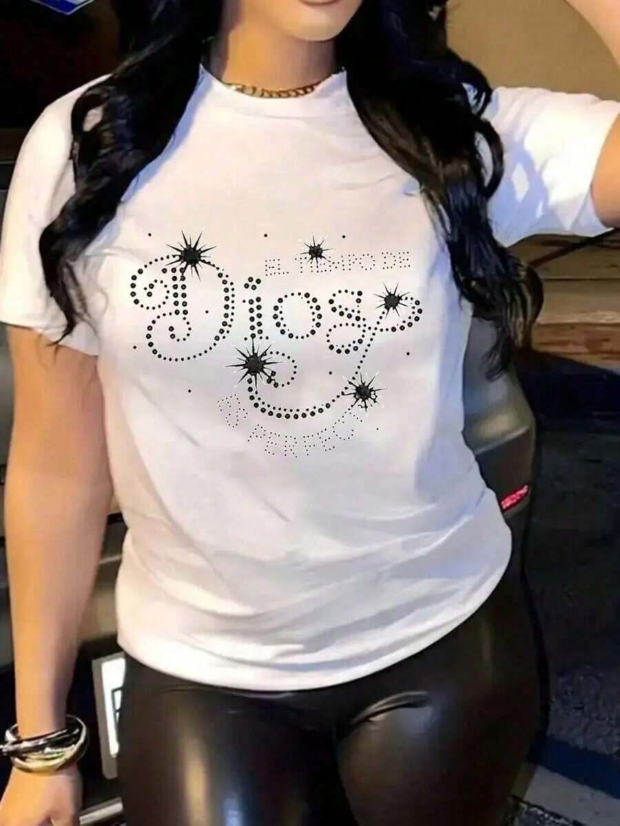 Camiseta de mujerCamiseta de mujer de manga corta con cuello redondo, holgada, casual y versátil.Con estampado moderno, elegante y sofisticado de letras simples, ideal como prenda básica; confeccionada en tela suave con excelente caídaCómoda y ligera - Blanco 3 - Ver 1