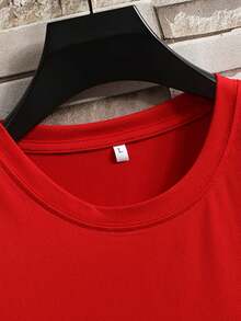 Camiseta de manga corta primavera/verano 2023, estampado de marca de moda americana, cuello redondo para jóvenes, estilo oversize, top casual versátil. - Rojo - Ver 4
