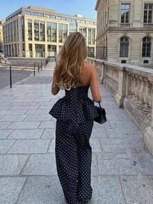 Conjunto de 2 piezas de mujer de camiseta sin mangas azul marino con lunares y pantalones cortos de pierna ancha, elegante y casual, adecuado para fiestas y vacaciones de verano - azul real - Ver 3