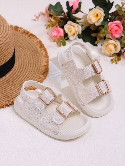 1 Pair Boys' New Blue Ocean PU Stitched Sequin Double Hook And Loop Design Soft Sole Fashionable Beach/Casual Sandals For Girls, Suitable For Summer