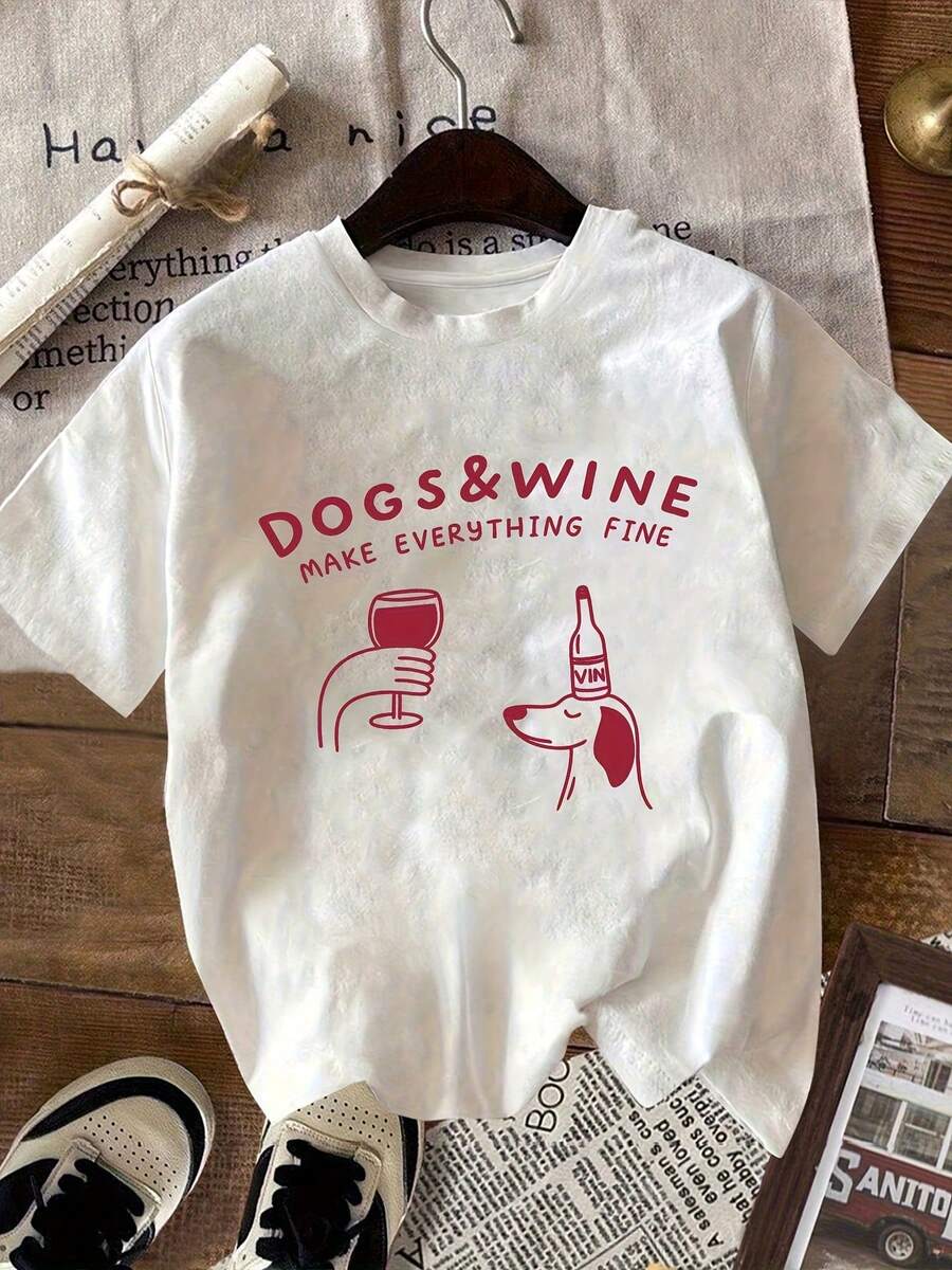 Women's Round Neck T-Shirt, New Fashion 2026, With Cartoon Puppy Print And Wine Red, Versatile For Daily Wear, Casual And Comfortable, Short Sleeve. - 白色 - 查看 1