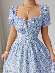 vestido de mujer con estampado digital, mangas abullonadas, nudo delantero, espalda descubierta y cintura ceñida.Elegante y chic para vacaciones, citas, estilizador y adelgazante - Azul - Ver 4