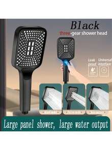 3pcs Black Square Button Shower Head Set, High Pressure 3-Function Handheld Shower With 59 Inch Stainless Steel Hose & Adhesive Bracket, No-Drill Installation, Black Handheld Shower Sprayer Kit - Black - View 3