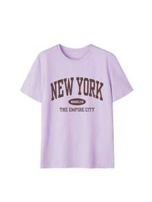 Women's Loose-Fitting Summer T-Shirt With Letter Print, Casual And Versatile For Everyday Wear. Graphic Tee, Perfect For Vacations. - 紫色 - 查看 3
