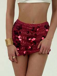 Falda de lentejuelas elegante, diseño de lentejuelas de festival de música chic de cintura baja, falda mini versátil y brillante para mujeres, regalo de San Valentín, noche de cita - Rojo - Ver 2