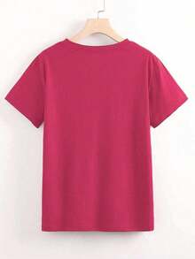 Blusa de mujer de manga corta con cuello redondo en azul marino con estampado versátil de leopardo y cereza - Rosa Fucsia - Ver 2